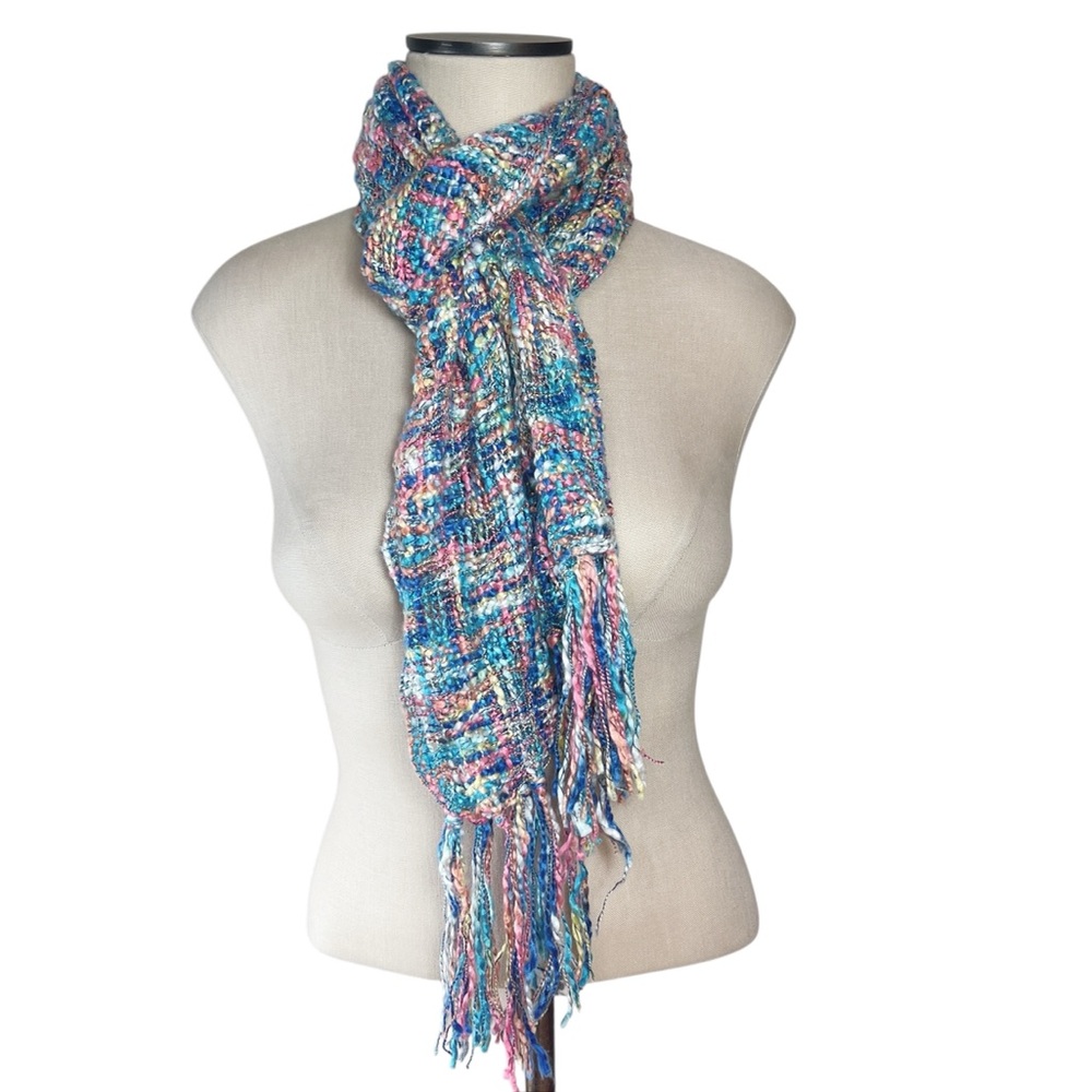 Boucle Jewel Tone and Pastel Tassel Edge Spring Scarf 66 in x 12 in Preppy EUC